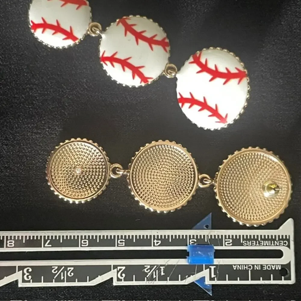 Triple Baseball Dangle Earrings Sports Fan Statement Jewelry Gold Quirky Sporty
